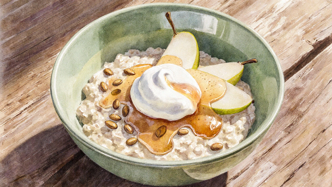 Bol d'avoine avec poire, yaourt, miel et graines, éclairage doux matinal.