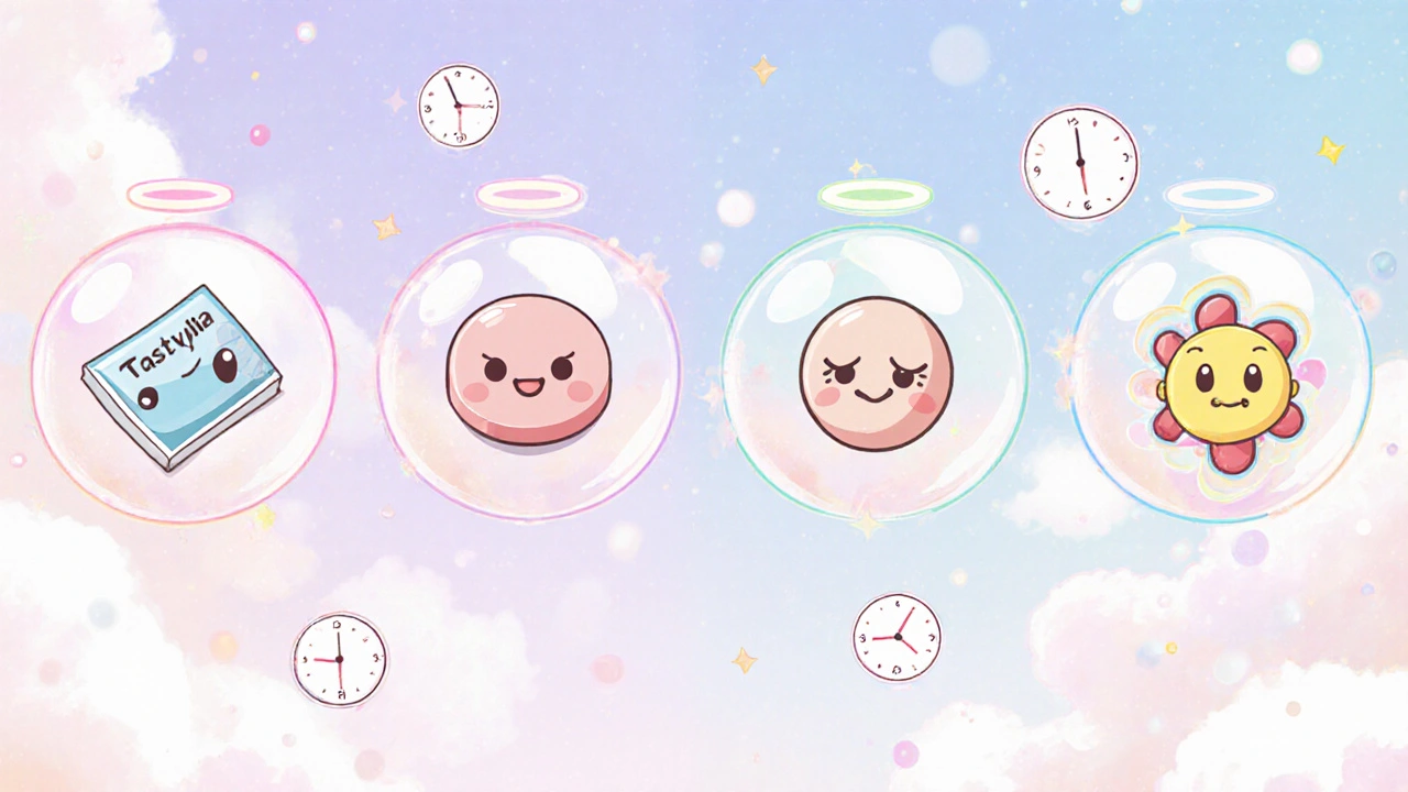 Comparaison animée de médicaments pour l'impotence érectile sous forme de bulles colorées.