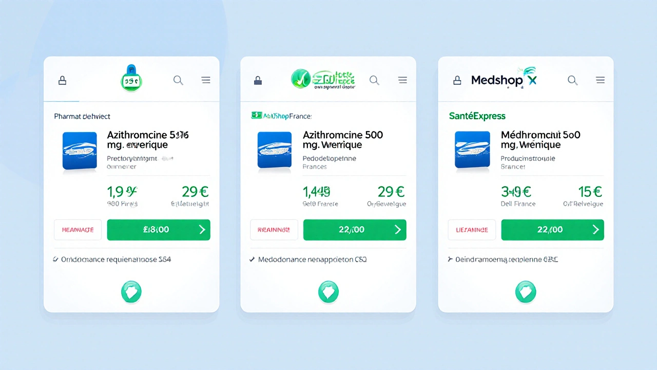 Comparaison de trois pharmacies en ligne montrant prix, délai de livraison et numéro d&#039;agrément.