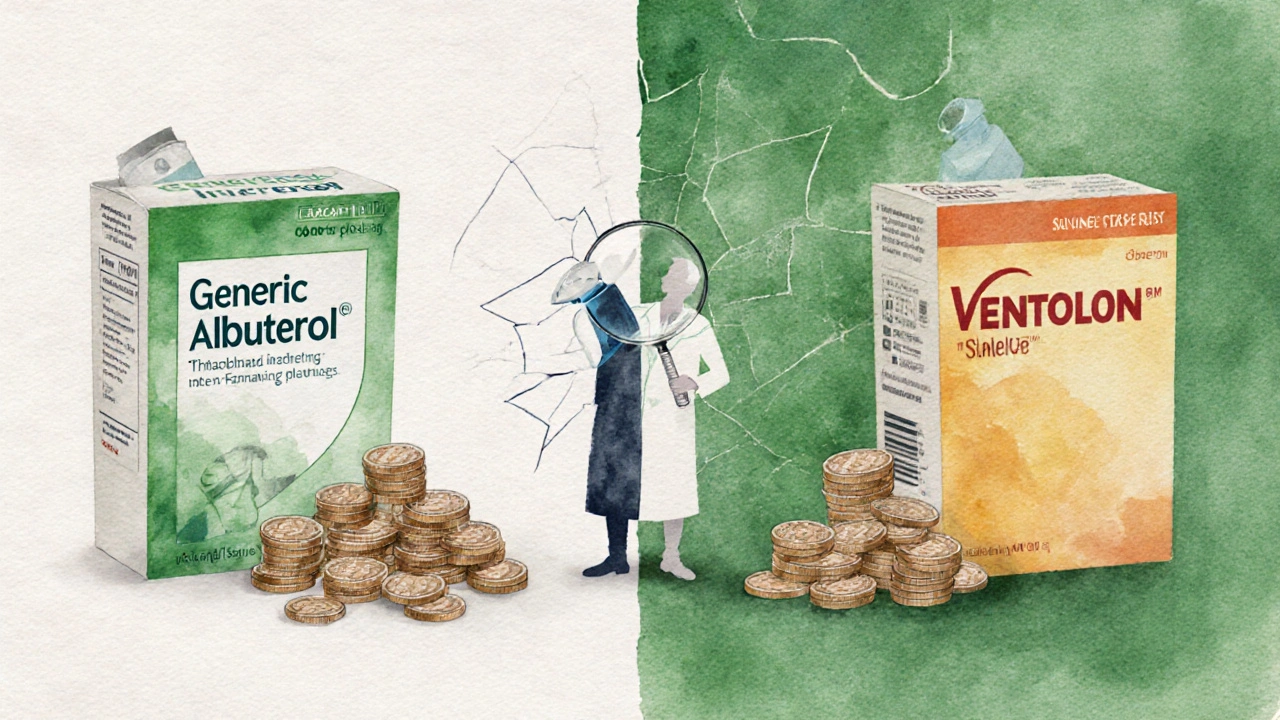 Comparaison visuelle d'un inhalateur générique économique et d'un inhalateur de marque coûteux, avec indice de contrefaçon.