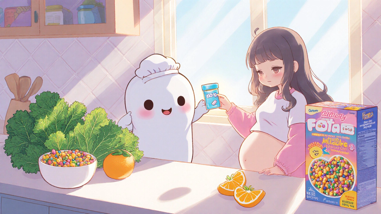 Cuisine avec légumes verts, légumineuses et mascotte folate offrant un supplément, style moe.