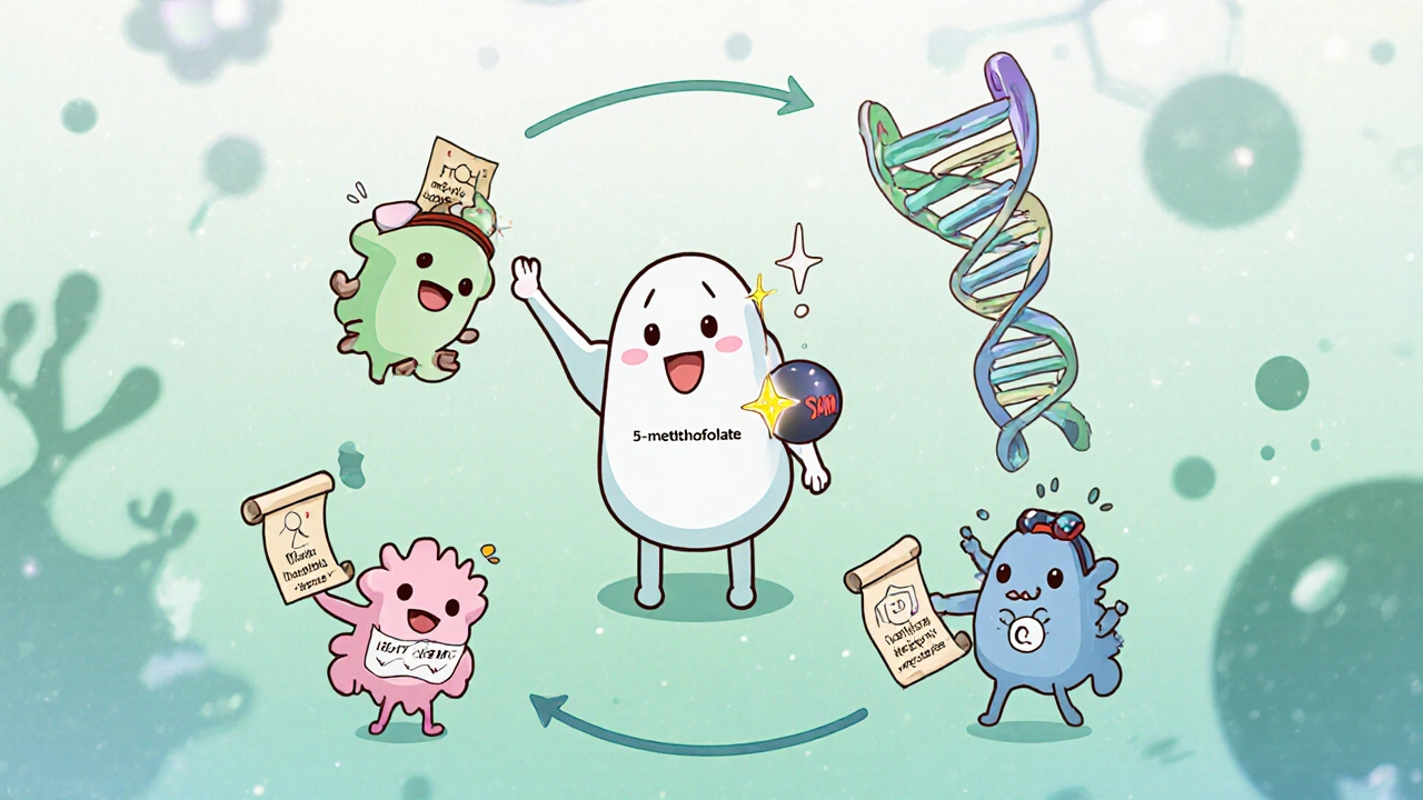 Cycle du folate avec enzymes mascottes et double hélice DNA réparée, style moe.