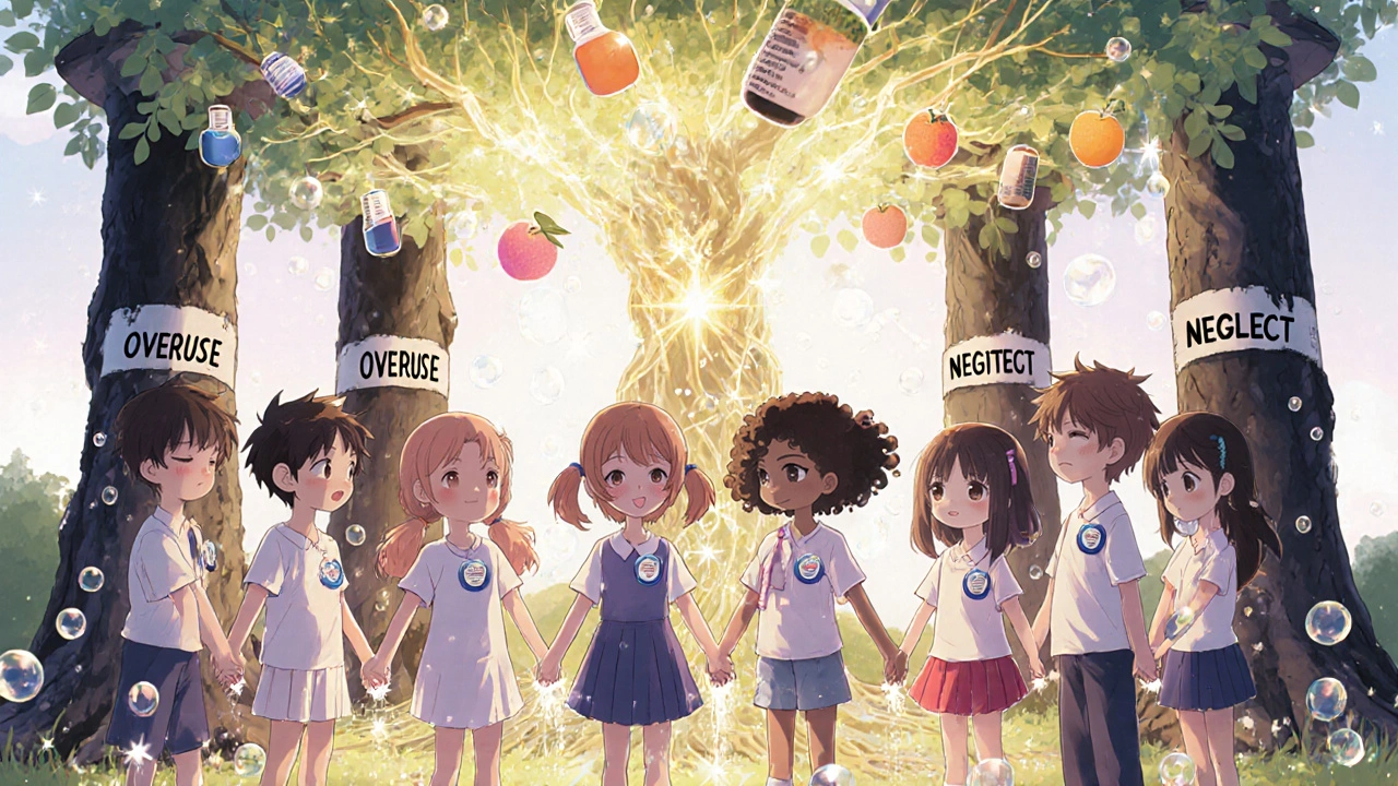 Des enfants se lavant les mains autour d'un arbre de solutions, tandis que des piliers de surutilisation s'effondrent.