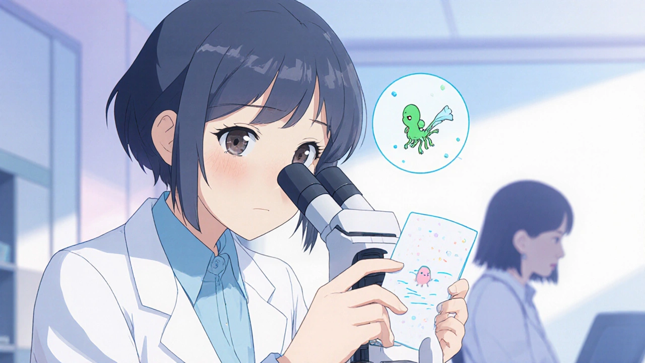 Docteure manga examinant une lame contenant le parasite Trichomonas.