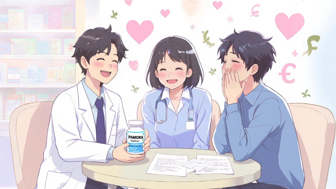 Doctor, pharmacist, and patient discussing treatment, hopeful manga scene with subtle cost icons.