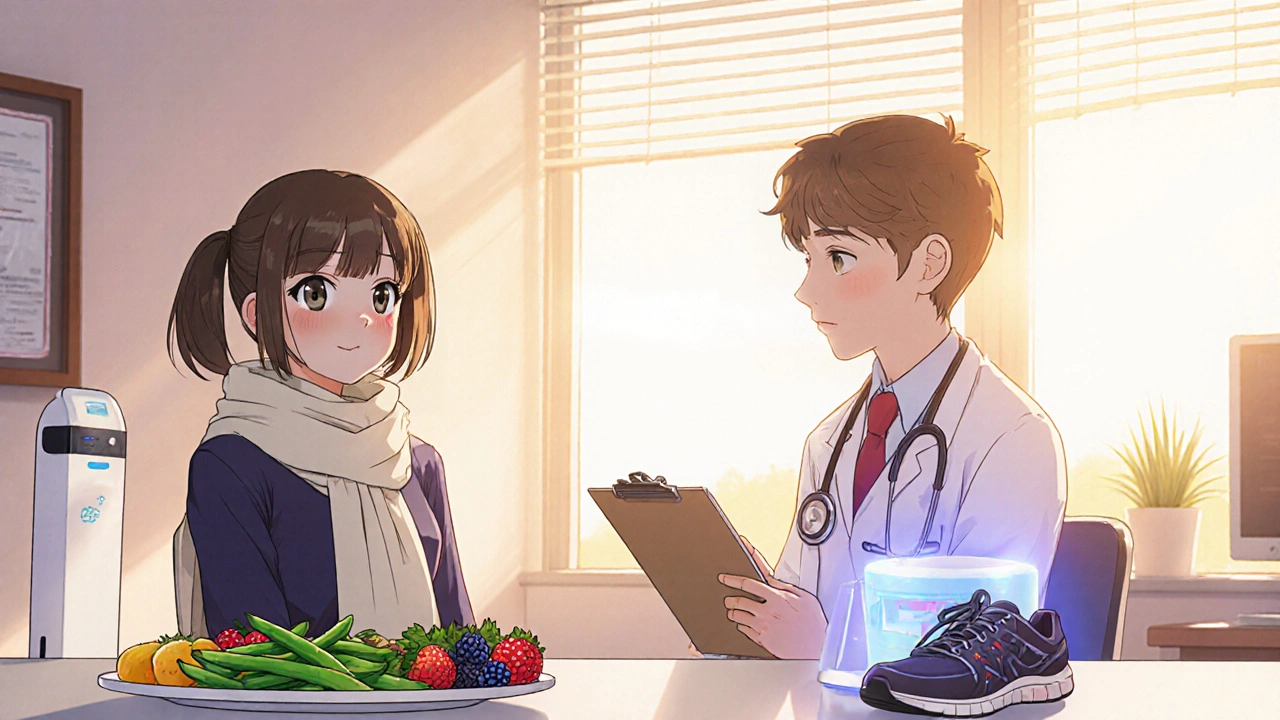 Femme consultante avec médecin, laser et aliments sains, ambiance optimiste de traitement.