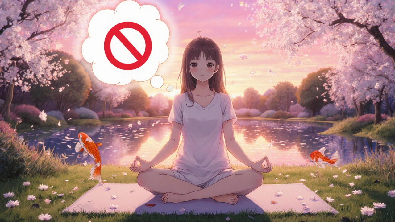 Femme pratiquant le yoga dans un jardin au coucher du soleil, atmosphère calme et relaxante.