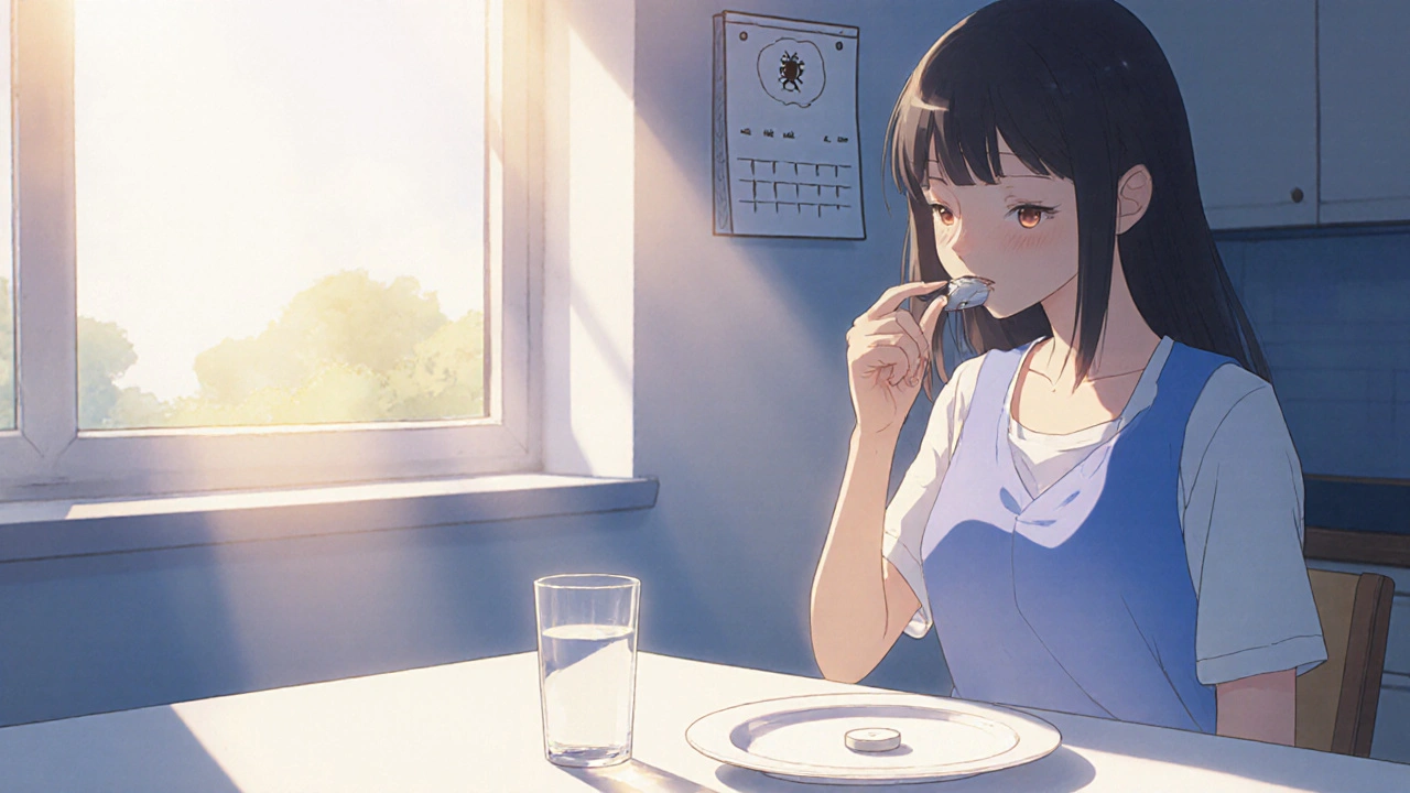 Femme prenant une pilule avec un verre d'eau dans une cuisine ensoleillée.