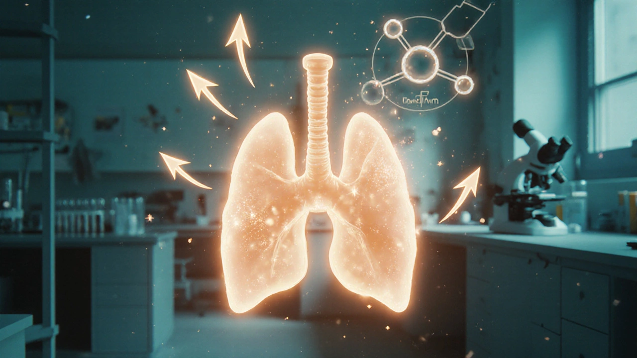 Glande thyroïde stylisée brillant, entourée de particules d'withanolides et de flèches ascendantes.