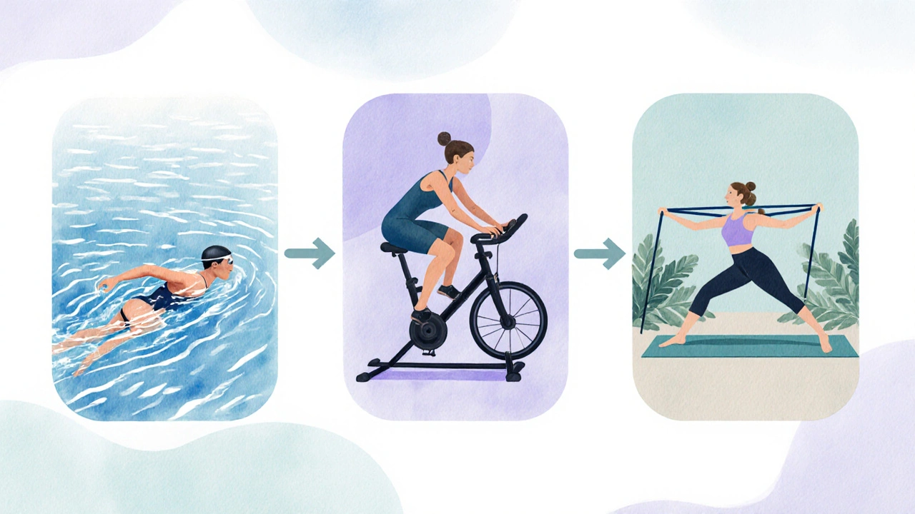 Illustration de natation, cyclisme et yoga, activités douces pour les articulations.