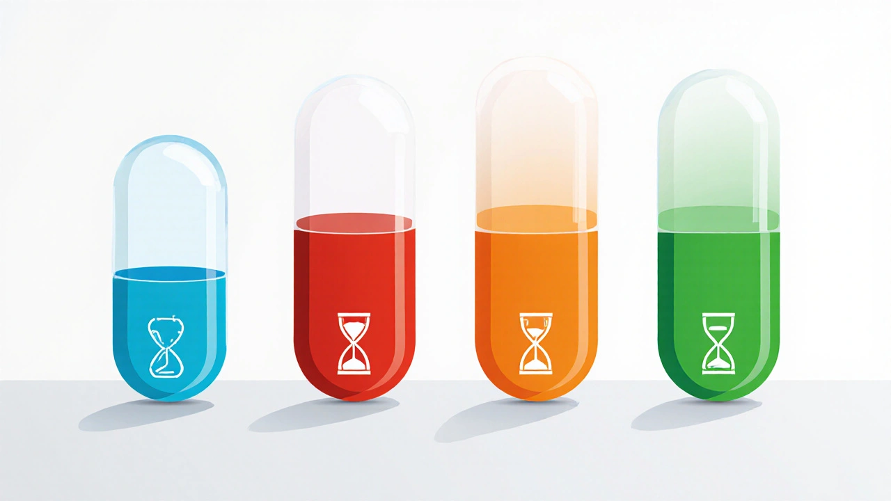 Illustration de quatre pilules PDE‑5 avec icônes de temps et durée.