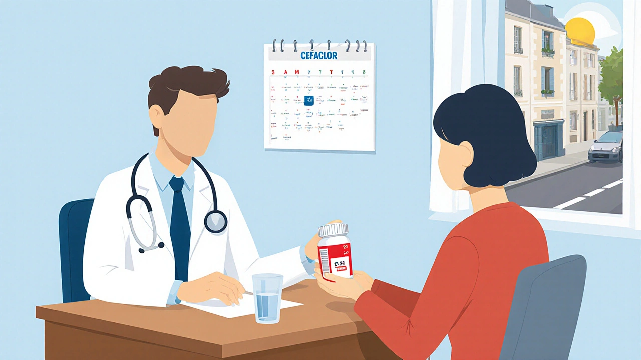 Illustration plate d’une consultation où le patient montre une boîte de Cefaclor.