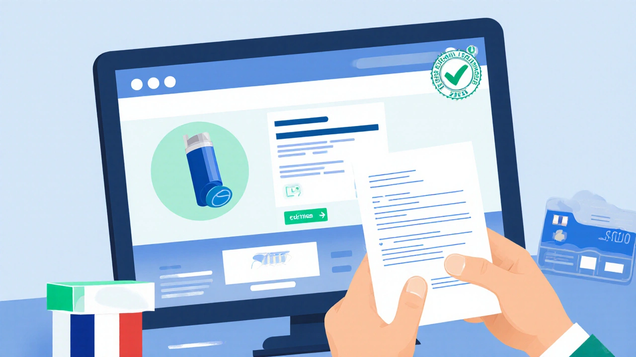 Mains téléchargeant un document médical sur un site de pharmacie en ligne sécurisée.