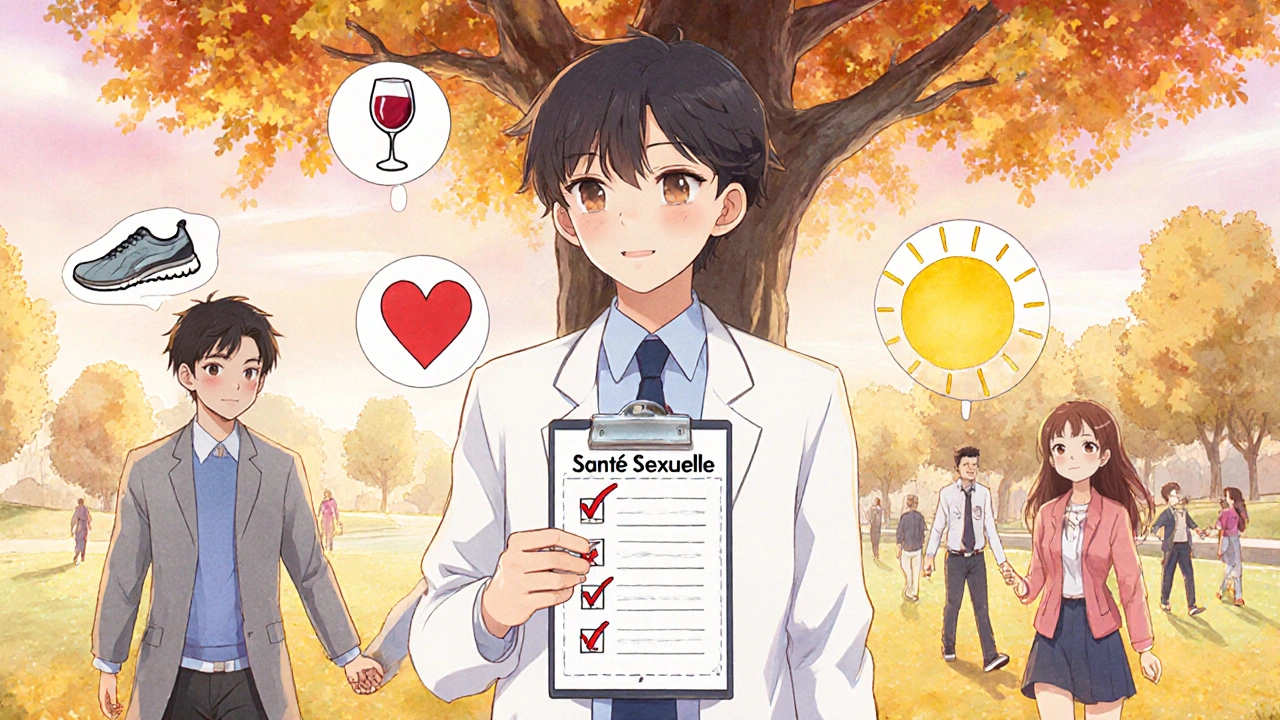 Médecin et couple heureux dans un parc, symboles de santé et d'activité physique autour d'eux.