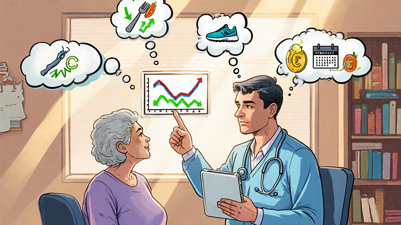 Patient senior et adulte discutent avec un médecin des options de traitement du cholestérol.