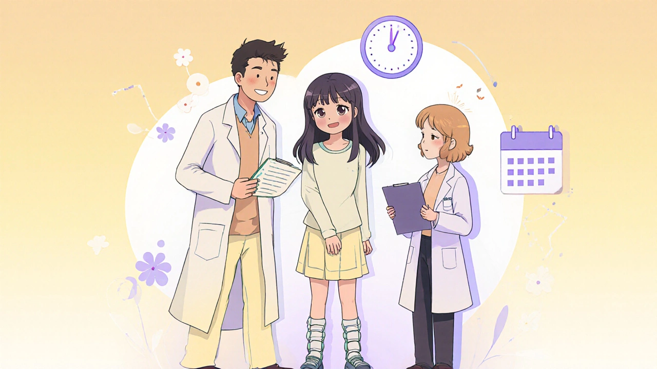Patiente debout en chaussures orthopédiques, souriante, entourée d'un endocrinologue et d'un acupuncteur, ambiance optimiste.
