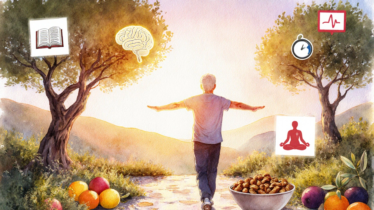 Personne pratiquant activités saines dans un jardin méditerranéen, cerveau lumineux en arrière-plan.
