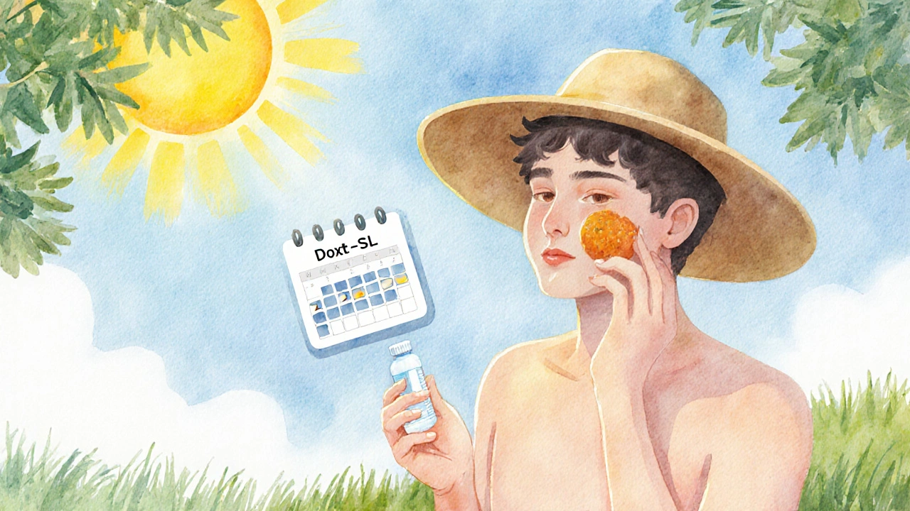 Personne sous soleil porte un chapeau, applique de la crème solaire et tient un Doxt‑SL.