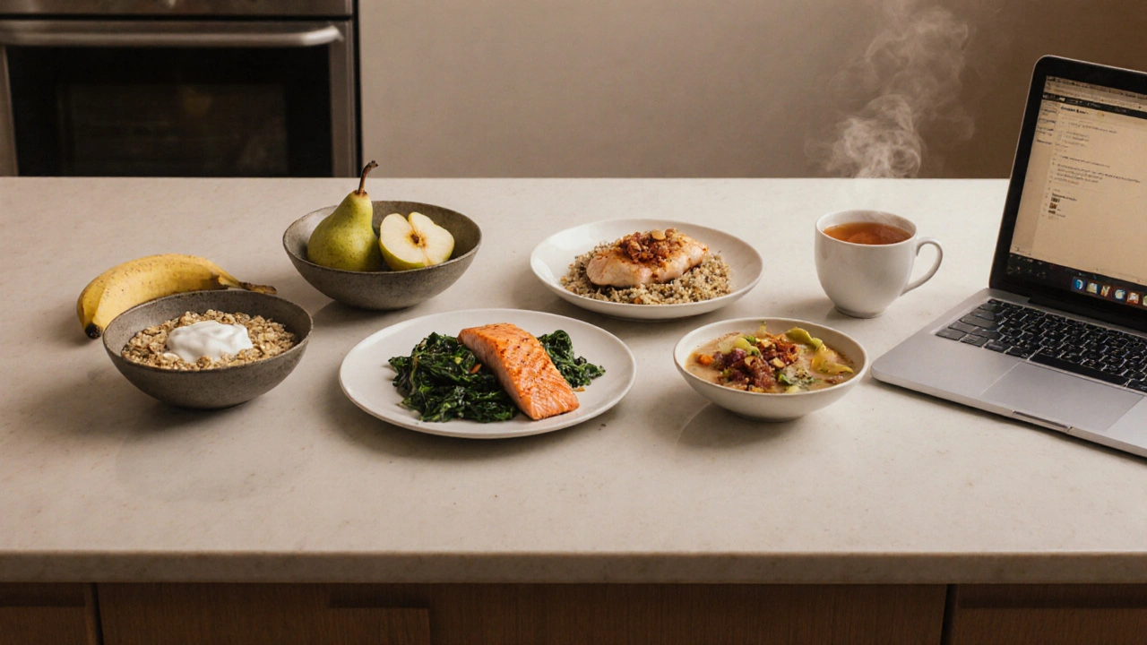 Plan de repas quotidien du petit‑déjeuner au thé du soir sur un comptoir.