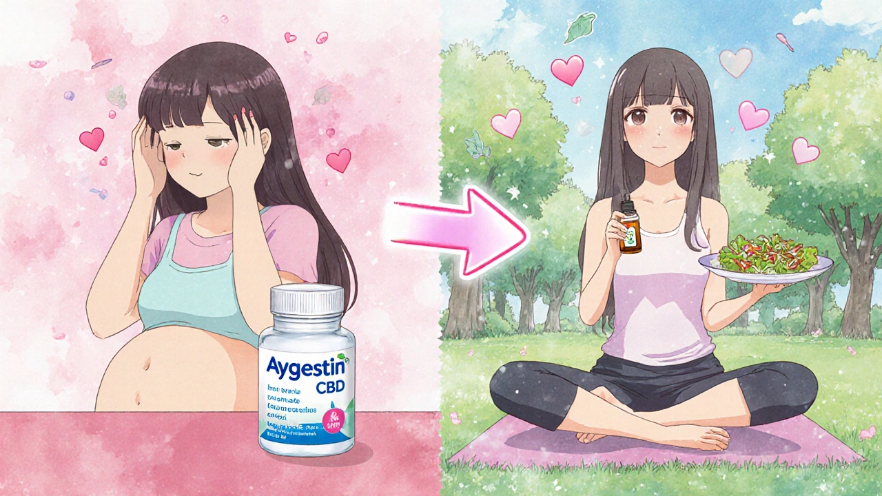 Scène divisée : une femme passe d'un état de malaise à un état de bien-être avec des alternatives.