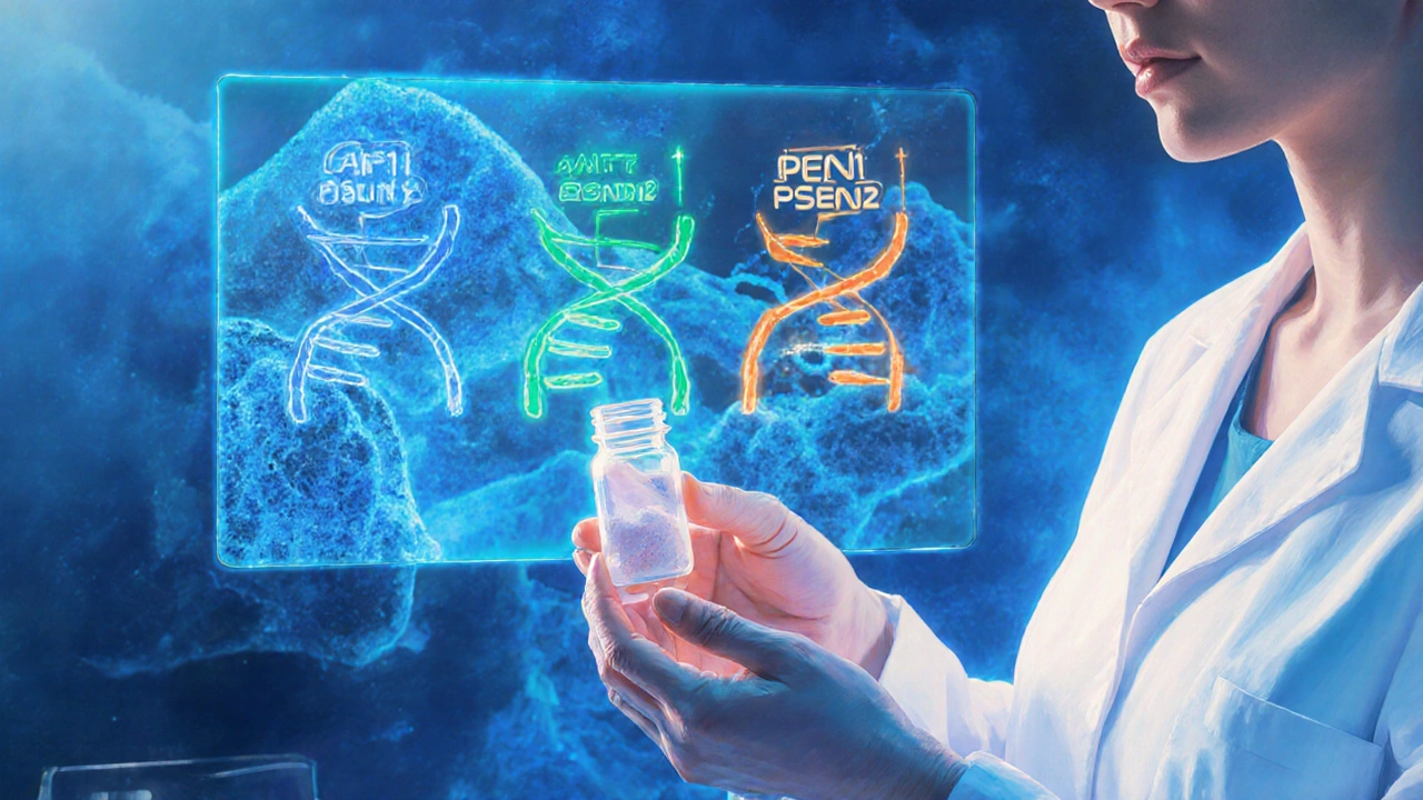 Scientifique manipulant un échantillon de salive, DNA d’APP, PSEN1, PSEN2 et plaques amyloïdes en arrière-plan.