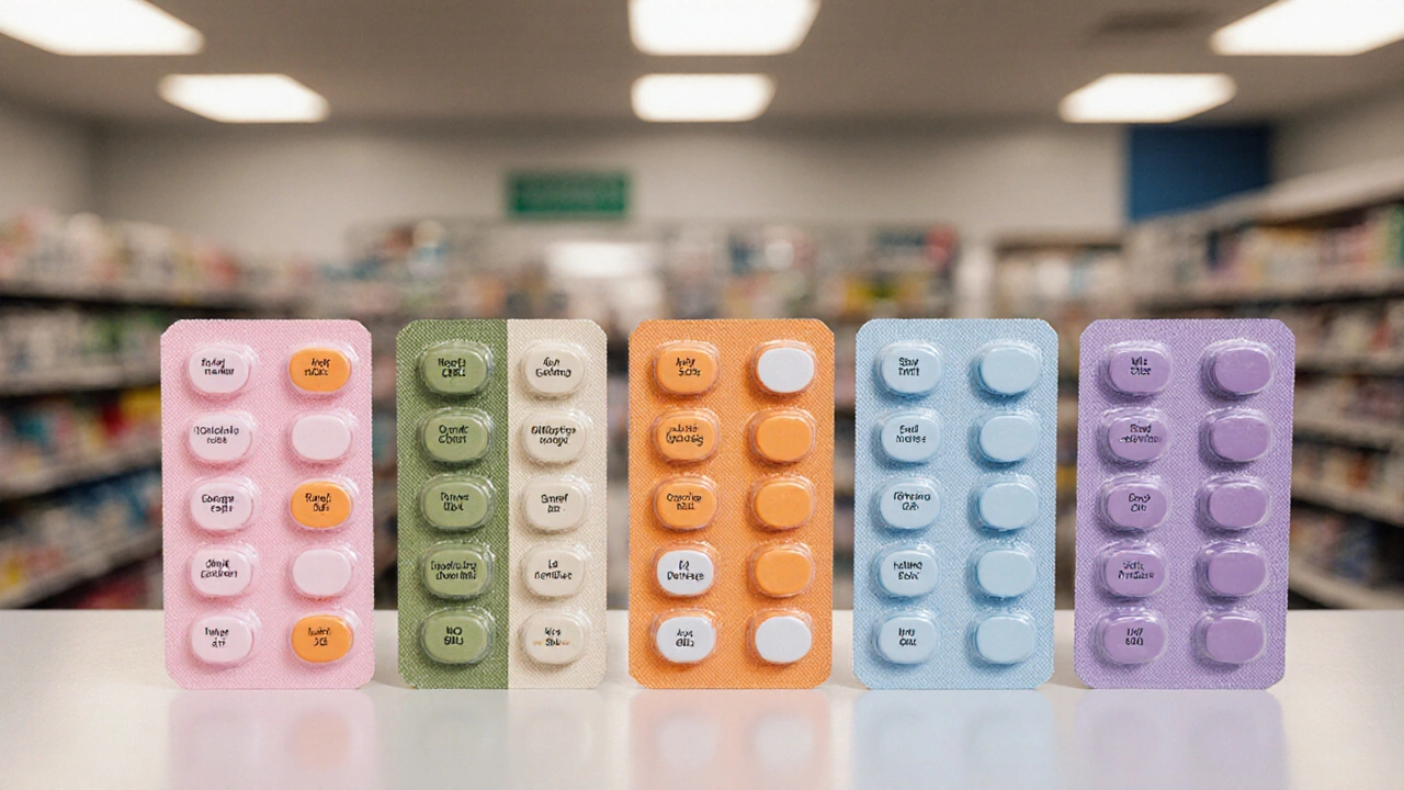 Six boîtes d’antibiotiques alignées, chaque couleur distincte, sur un comptoir de pharmacie.