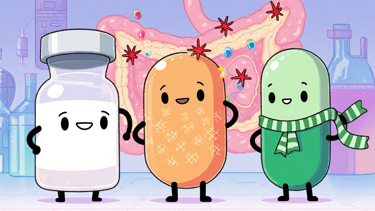 Three cute PAMORA characters blocking mu receptors in the intestine, anime‑moe illustration.