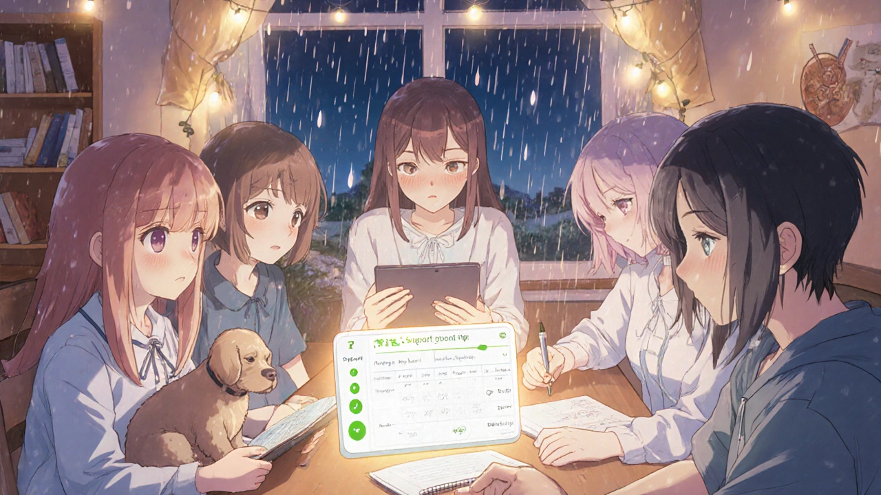 Un groupe de patients connectés en ligne, partageant un moment de soutien, avec une application de suivi des symptômes en arrière-plan.