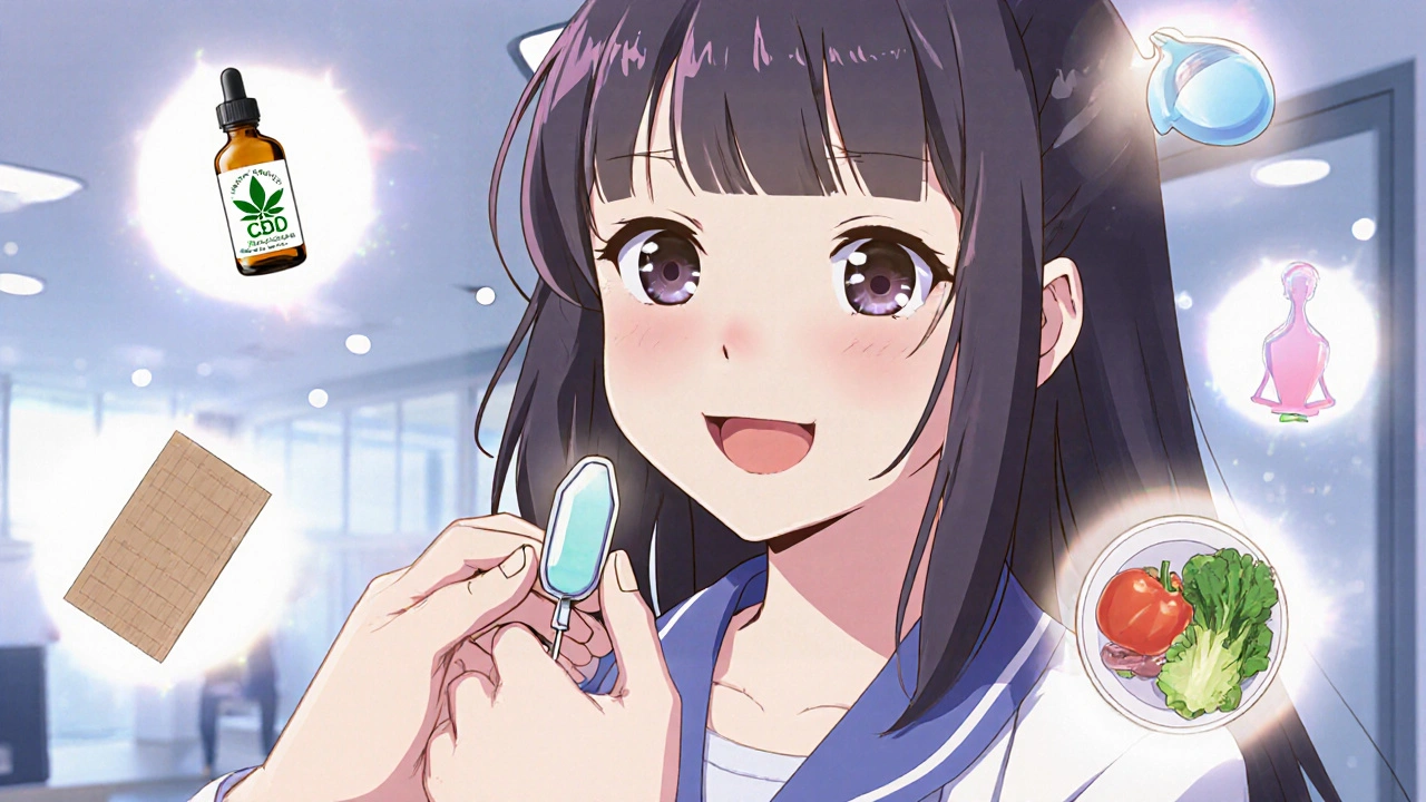 Une femme reçoit un dispositif Mirena de son gynécologue, entourée d'icônes d'alternatives naturelles.