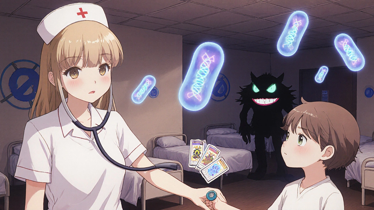 Une infirmière avec un enfant dans une chambre d'hôpital, des bactéries fantômes transférant des gènes en arrière-plan.