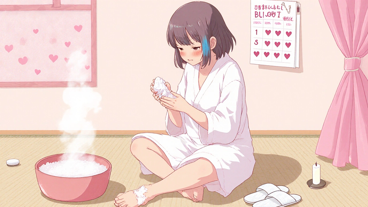 Une patiente applique une crème sur ses mains et pieds gercés, entourée d'éléments apaisants comme un bain de sel et des pantoufles douces.