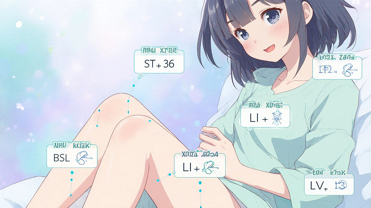 Vue rapprochée montrant les points d'acupuncture ST‑36, LI‑4, BL‑23 et LV‑3 sur un personnage anime souriant.