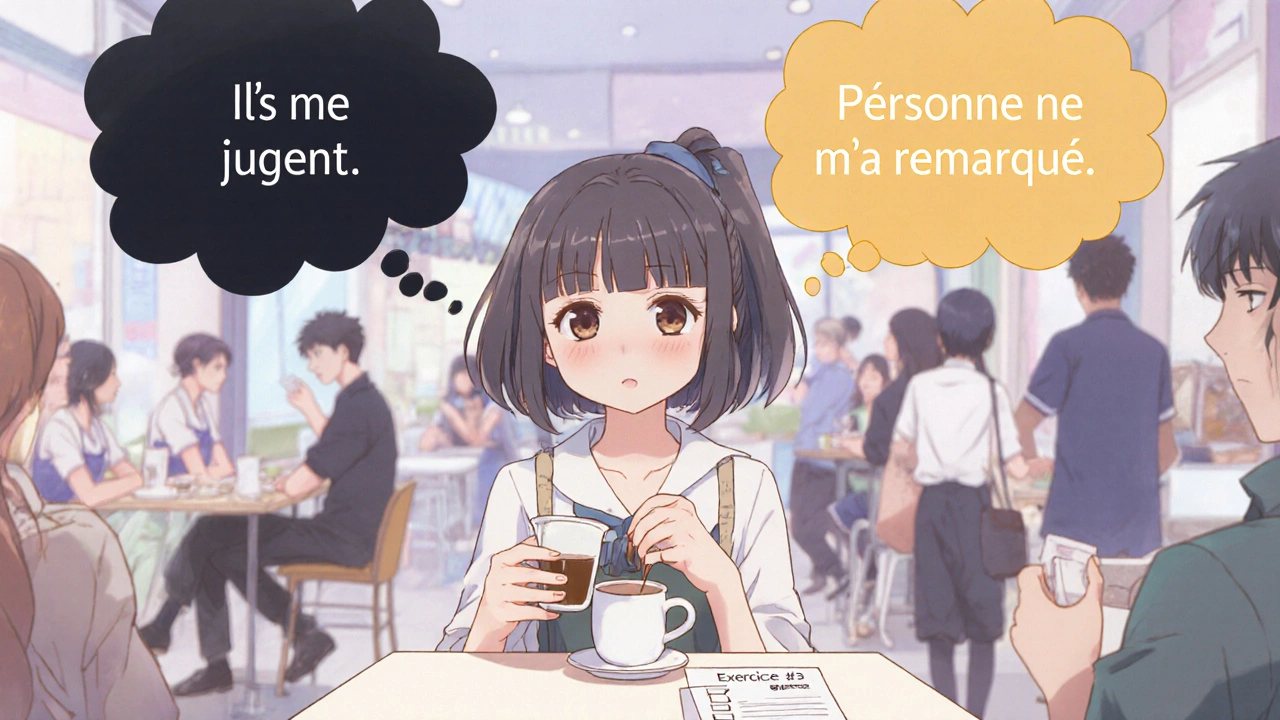 Adolescente en train de commander un café, deux bulles de pensées contrastées au-dessus de sa tête.