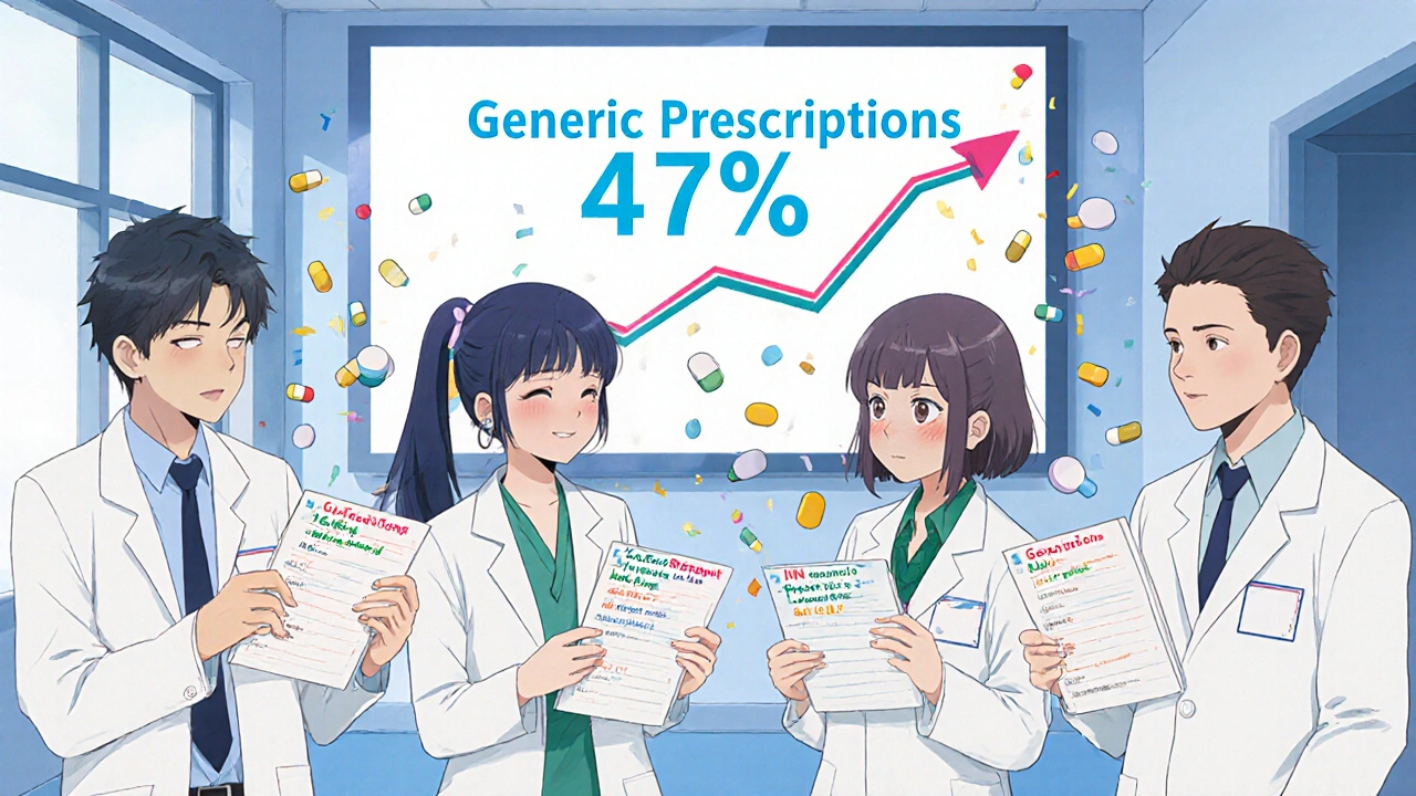 Des jeunes médecins écrivent des ordonnances avec les noms internationaux, sous un graphique en hausse des génériques.