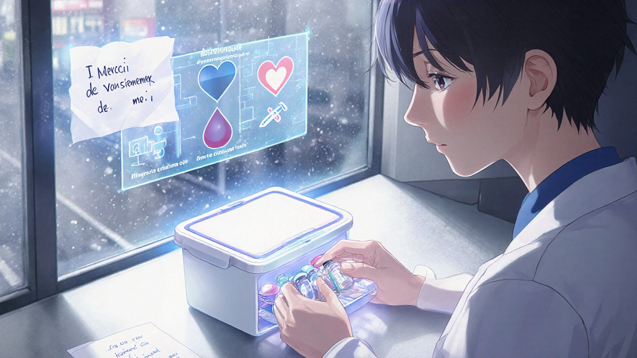 Des mains de pharmacien préparent un biosimilaire dans une boîte réfrigérée avec des affichages numériques de suivi médical.