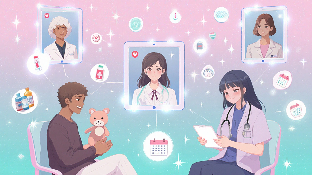 Des patients et des professionnels de santé interagissent via des écrans virtuels dans un espace de soins personnalisés et doux.