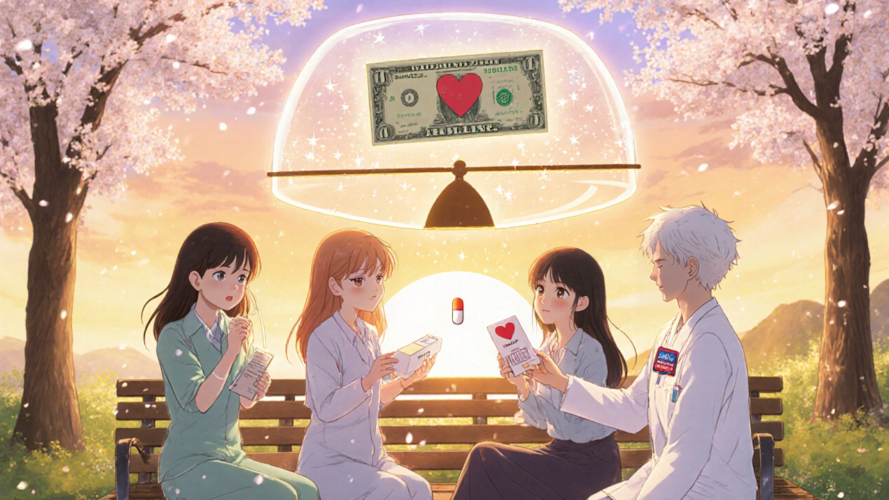 Des patients sur un banc de parc, l&#039;un triste avec un médicament cher, l&#039;autre heureuse avec une alternative générique sous un coucher de soleil.