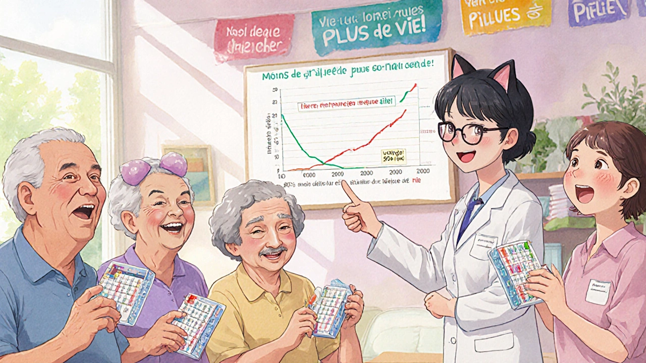 Des seniors riant dans un centre communautaire, tenant des organisateurs de médicaments simplifiés avec un pharmacien joyeux.