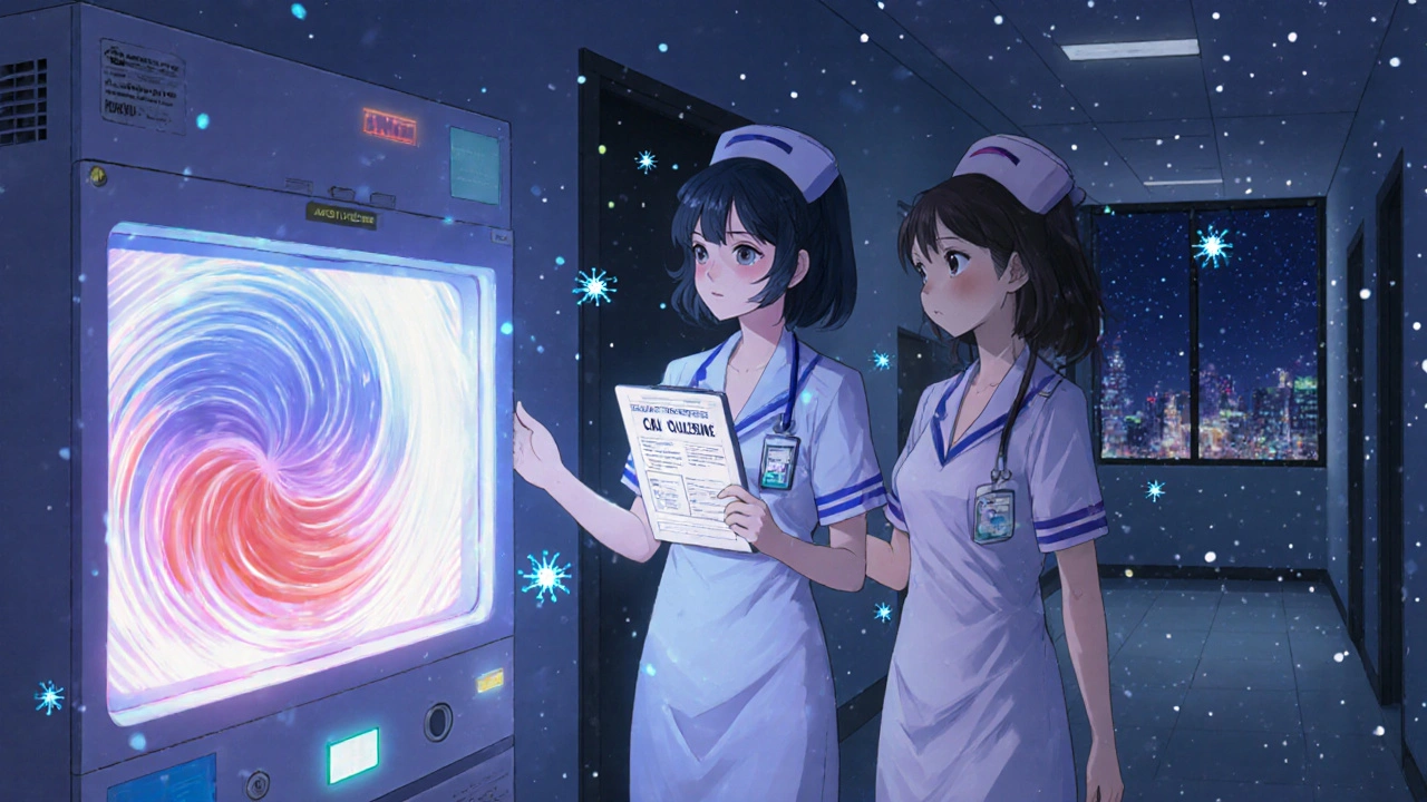 Deux infirmières accompagnent un patient près d&#039;une machine PCR qui détecte simultanément la grippe et le COVID-19 dans un couloir d&#039;hôpital.