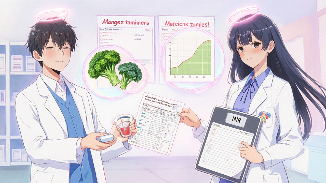 Équipe médicale remet un supplément de vitamine K et un plan alimentaire à un patient.