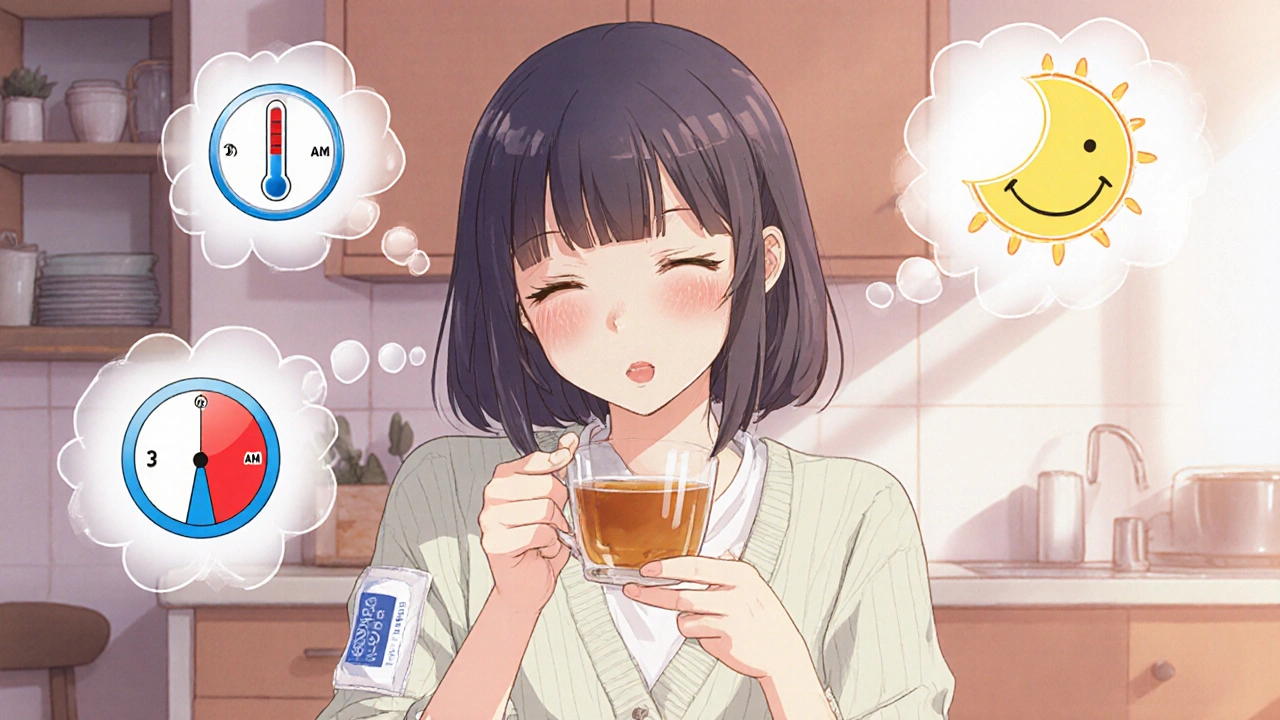 Femme dans la cuisine le matin, patch de clonidine visible, pensées positives flottantes avec thermomètre et horloge.