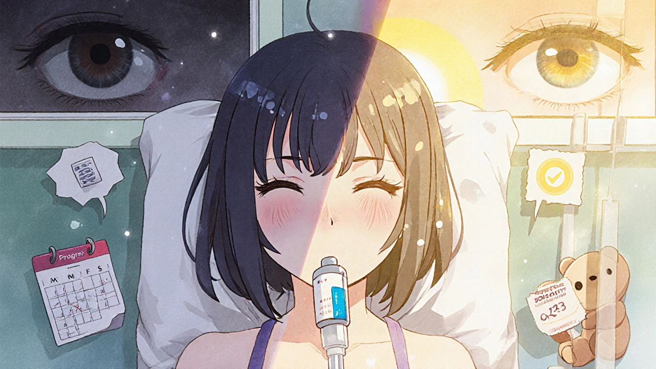 Femme recevant une perfusion, ses yeux retrouvent leur forme normale, lumière dorée et symboles de guérison.