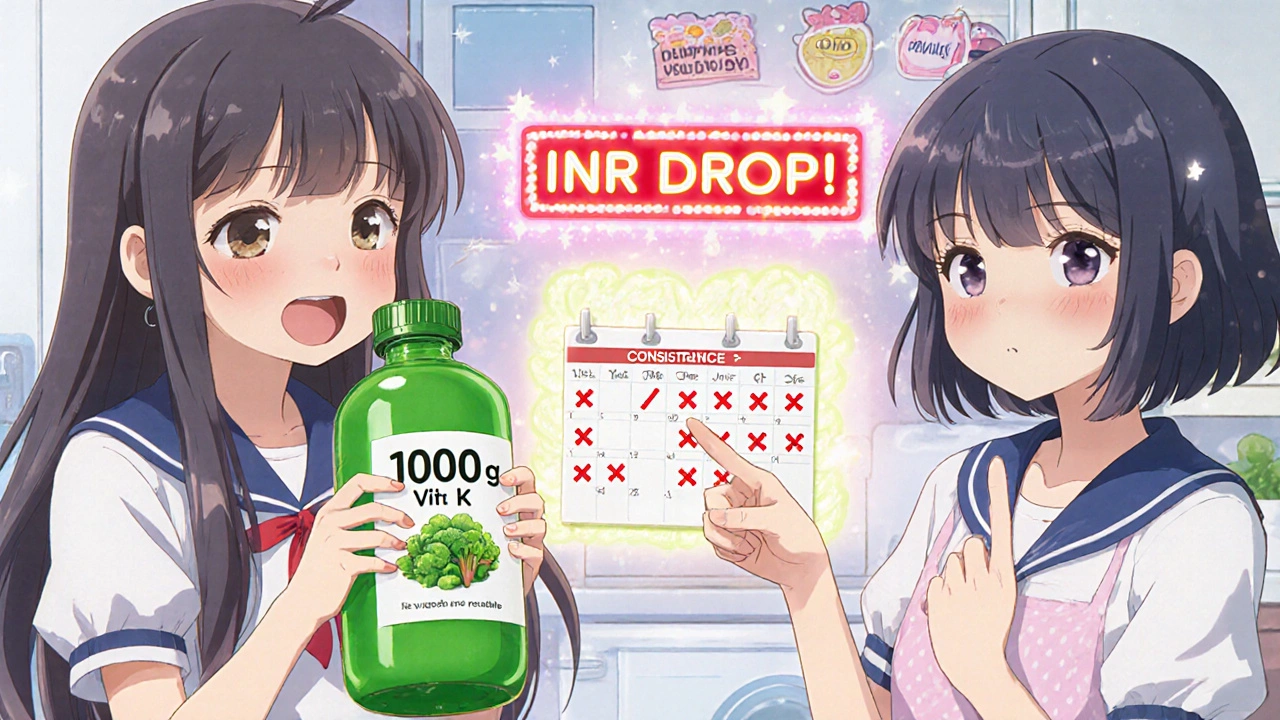 Fille hésite devant un jus vert concentré, un ami lui montre un calendrier d&#039;apports irréguliers.