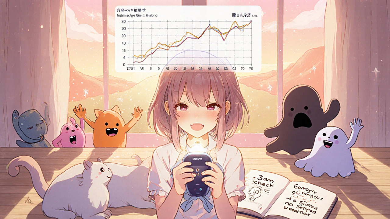 Fille tenant un capteur CGM qui projette une courbe de glycémie, fantômes de Somogyi en fuite, aube dorée.