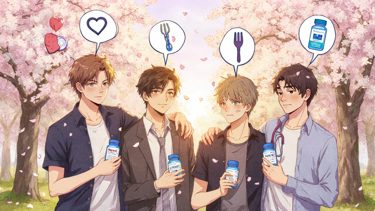 Groupe d'hommes en France discutant des traitements de la dysfonction érectile dans un parc.