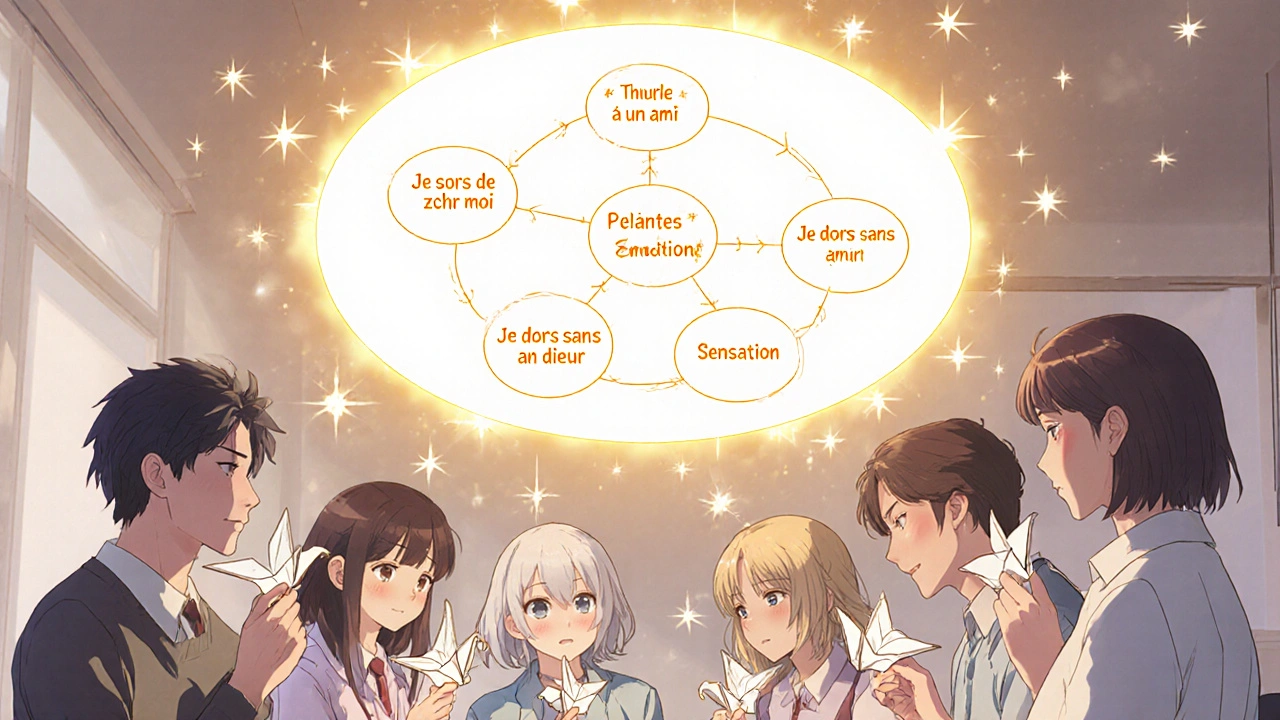 Groupe de patients avec des grues en papier portant des objectifs, un modèle cognitif lumineux au-dessus d&#039;eux.