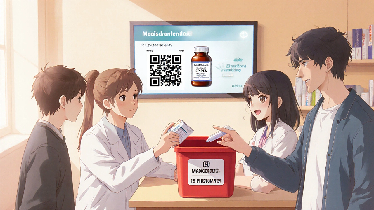 Groupe de personnes déposant des médicaments périmés dans une boîte de collecte en pharmacie.