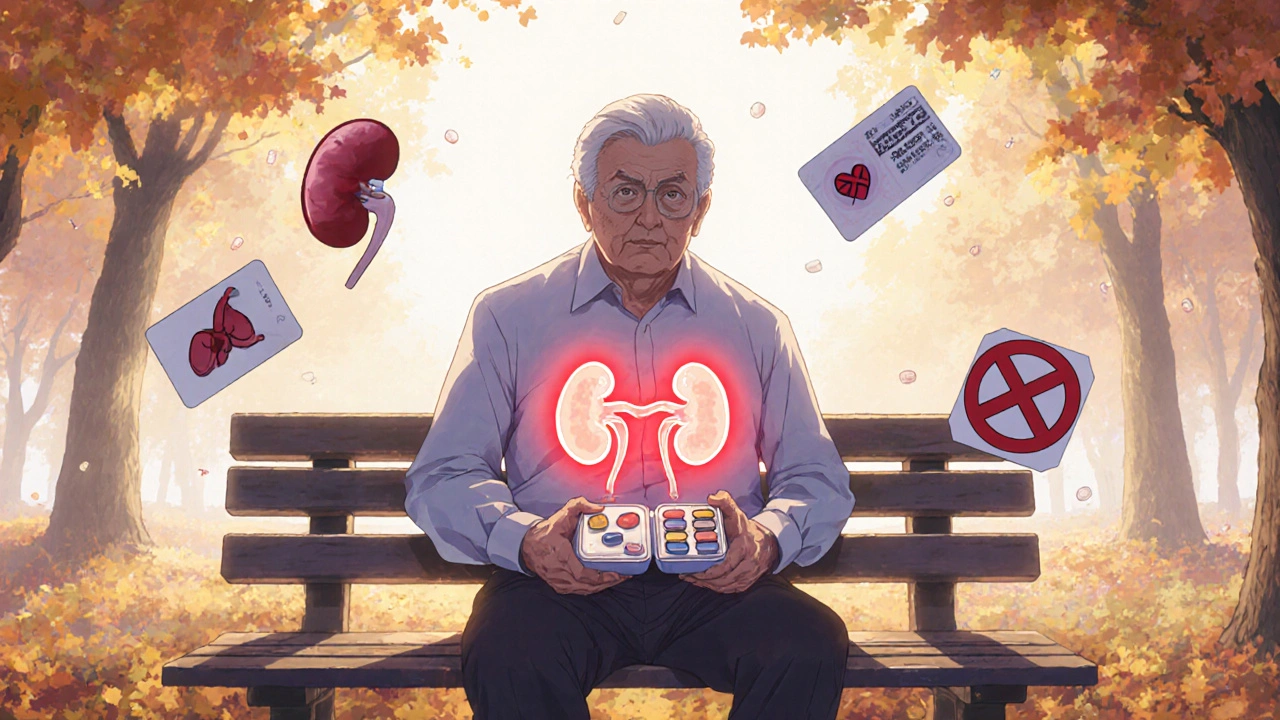 Homme âgé sur un banc, entouré d&#039;icônes médicales indiquant un risque de saignement lié aux anticoagulants et à la fonction rénale.