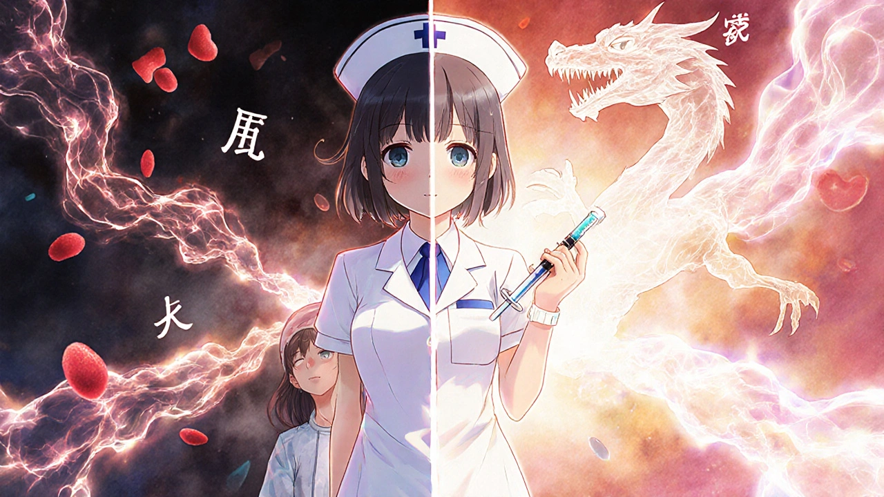 Infirmière administre un antidote contre les anticoagulants, séparant deux voies : risque de caillot et sécurité.