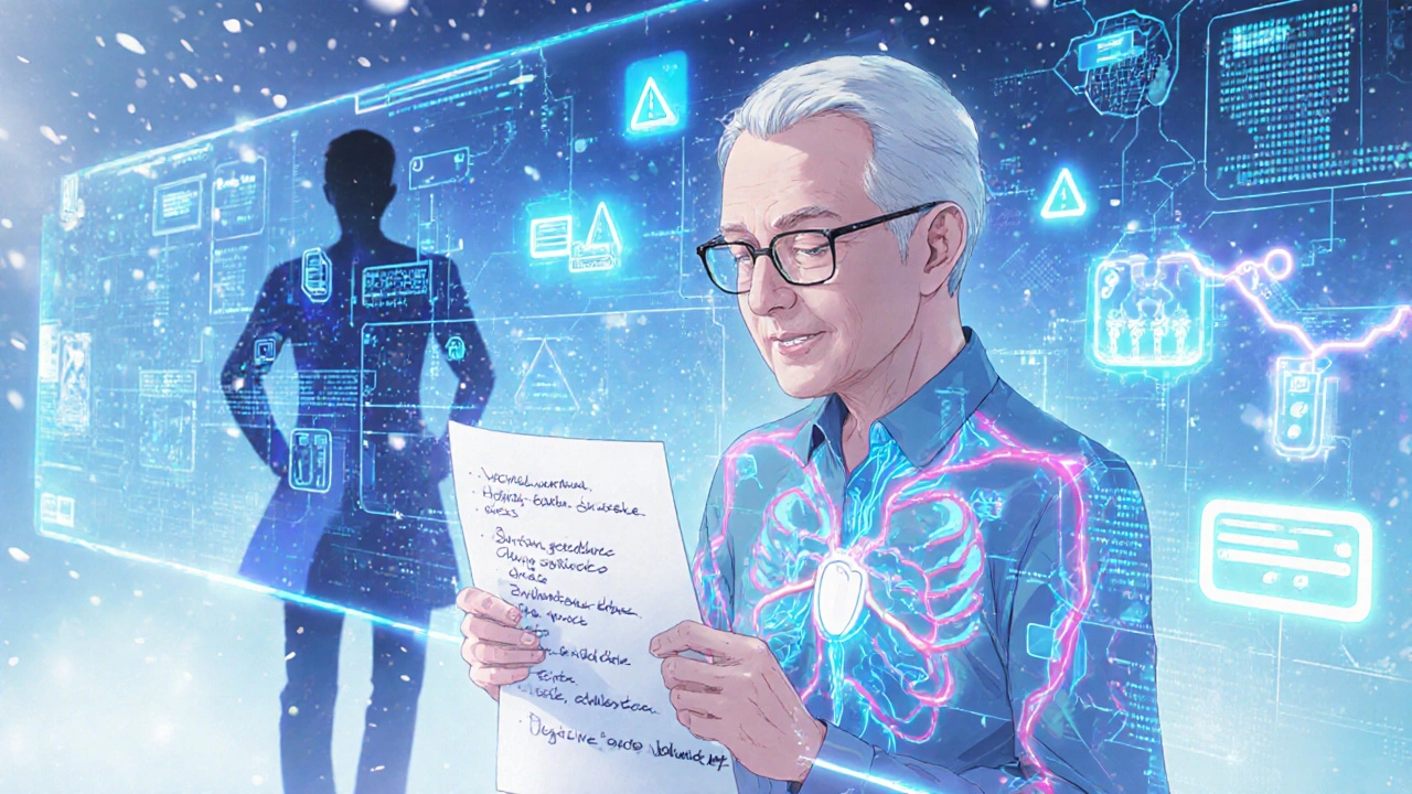 Interface numérique analysant un corps humain avec alertes d&#039;interactions médicamenteuses, patient tenant sa liste de médicaments.